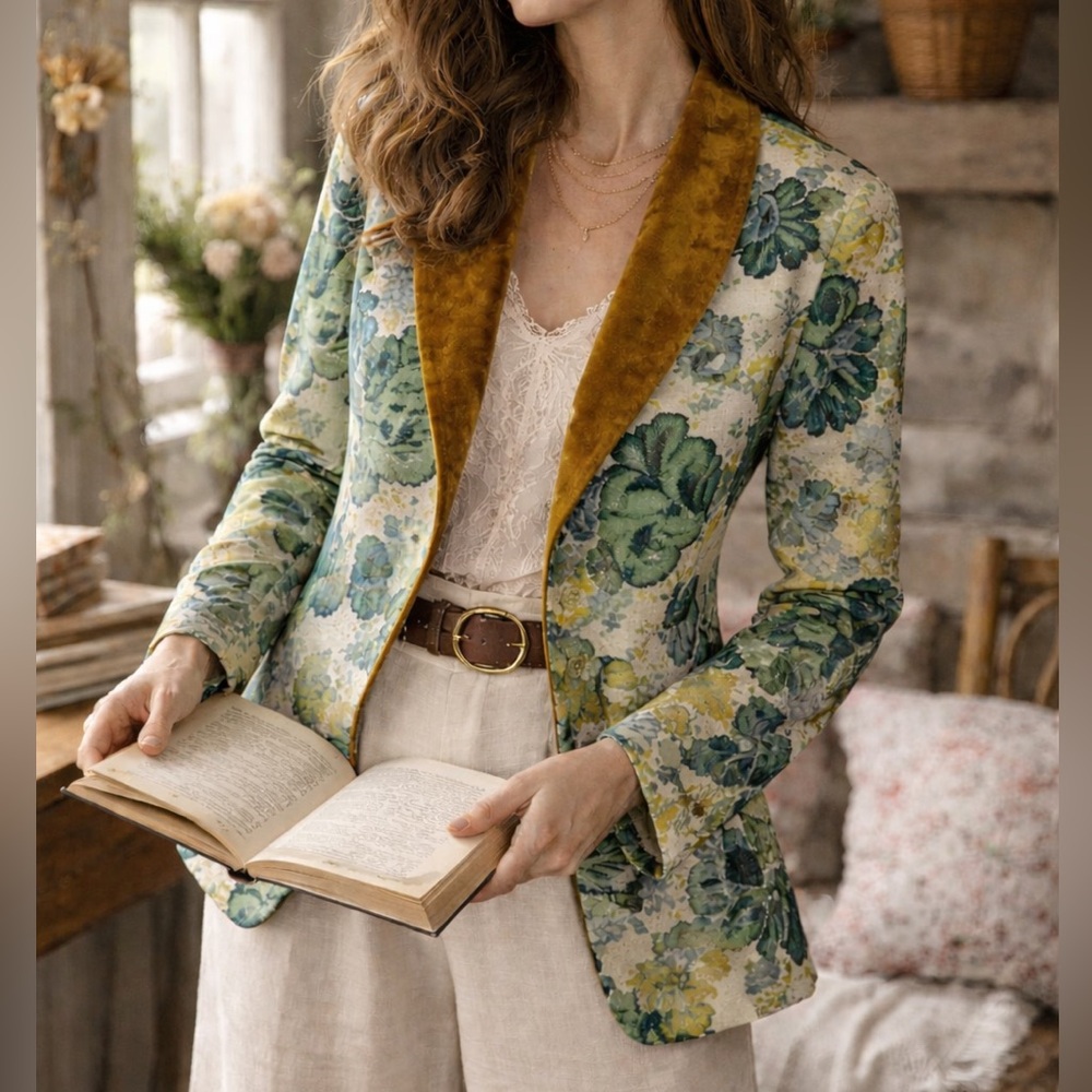 Botanical Tapestry Blazer Velvet Collar Jacket Chic Academia Art Teacher Small